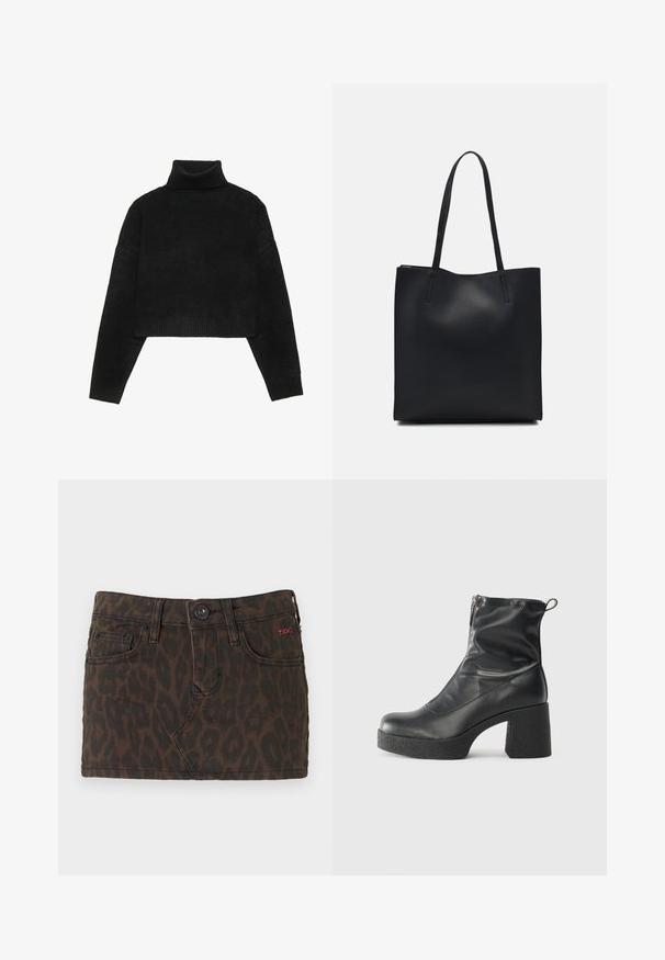 Mustad must cropitud sviiter ribatud kõrge kaelusega ja varrukatega, omades sujuvat tekstuuri ja vabalt langemist. Lihtne, minimalistik disain.; Tumepruun lühike teksaskleit leopardimustriga, millel on nööbi kinnitus, vöökohad ja ees olevad taskud. Punane logo aksent.; Mustad mustad ansapüksid, mis on valmistatud siledast nahast, külje zipperiga, paksu tekstuuriga kontsaga ja ümmarguse nina disainiga.; Mustast nahast kott sujuva tekstuuriga, ristkülikukujuline ja kahe pika sangaga. Pole nähtavat riistvara ega kaunistusi.