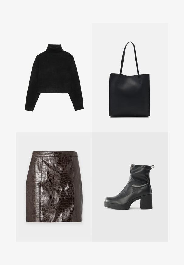 Pull noir court avec col roulé et poignets côtelés, doté d'une texture lisse et d'une coupe décontractée. Design simple et minimaliste.; Mini-jupe en simili crocodile marron foncé avec des coutures en panneaux et un ourlet droit.; Bottes noires à la cheville en cuir lisse, dotées d'une fermeture éclair sur le côté, d'un talon épais texturé et d'une conception à bout rond.; Sac fourre-tout en cuir noir avec une texture lisse, de forme rectangulaire et deux longues poignées. Pas de matériel ou d'ornementations visibles.