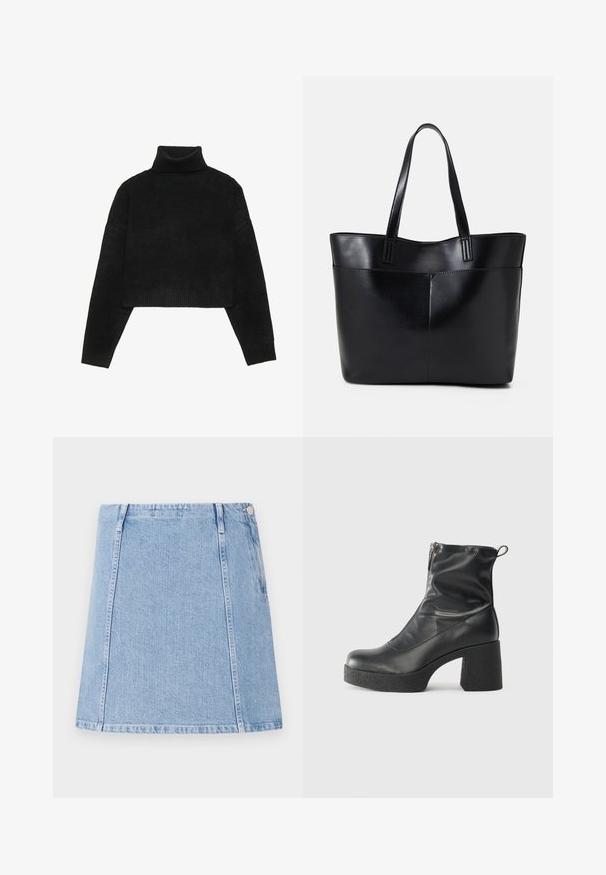 Svart cropped genser med ribbestrikket høy hals og mansjetter, med en jevn tekstur og avslappet passform. Enkel, minimalistisk design.; Lys blå denimskjørt med rett snitt, synlige sømdetaljer og en sidelomme. Materialet er teksturert med en myk finish.; Svarte ankelstøvler laget av glatt lær, med glidelås på siden, chunky strukturert hæl, og rund tå-design.; Svart lær toteveske med to lange håndtak, en glatt tekstur og en strukturert form. Har en frontlomme for ekstra oppbevaring.