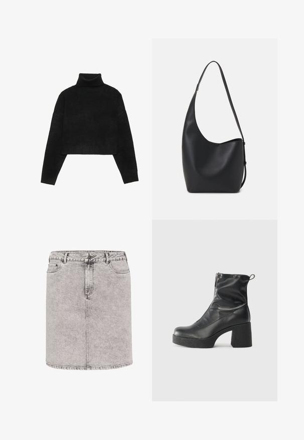 Sort cropped sweater med ribbet høj hals og manchetter, der har en glat tekstur og afslappet pasform. Simple, minimalistisk design.; Denimnederdel i lys grå, med en pencil-form, frontlommer og synlige sy-detaljer. Materialet har en let tekstureret overflade.; Sorte ankelstøvler lavet af glat læder, med en sidelukning, kraftig struktureret hæl og rundt tådesign.; Sort læder hobo taske med en glat overflade, buet form og en enkelt justerbar rem; har en bred åbning øverst.