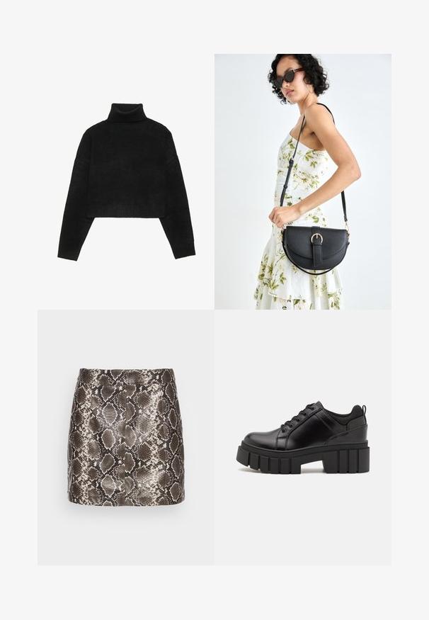 Sweater preto cropped com um gola alta canelada e punhos, apresentando uma textura suave e um corte descontraído. Design simples e minimalista.; Saia mini de imitação de pele nas cores castanho e bege, apresentando um padrão de pele de serpente com escalas em forma de diamante e variações sutis de textura.; Sapatos de plataforma em couro preto com um salto bloco robusto, bico redondo e design clássico de atacadores. Apresentam uma textura suave e detalhes mínimos.; Bolsa de couro preta com forma curva, alça destacável e detalhes em dourado. A bolsa possui uma aba com detalhe de fivela.