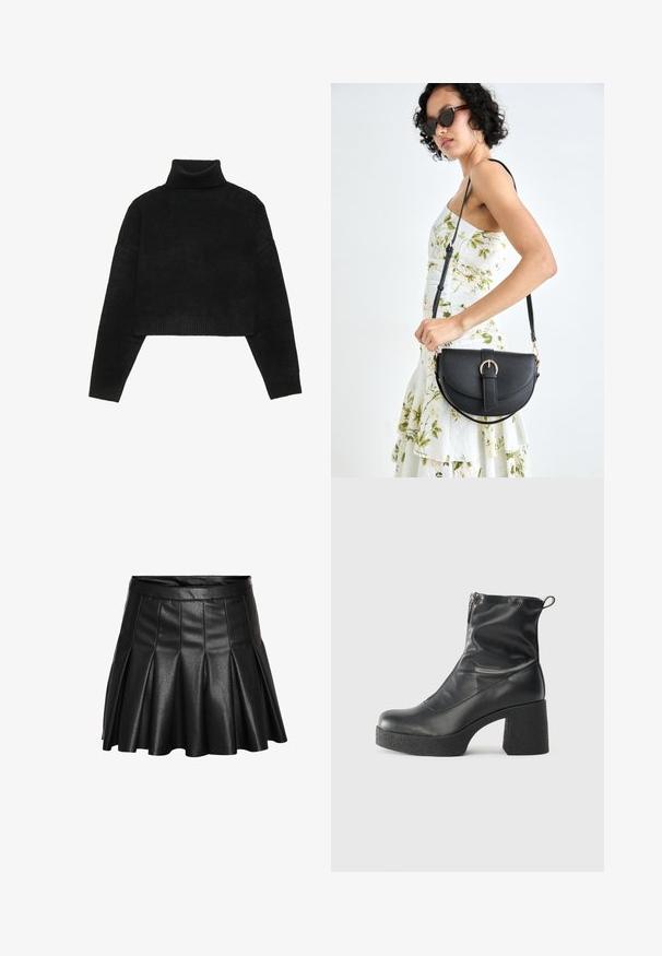 Melnās cropped džemperis ar ribotu augstu apkakli un aprocēm, ar gludu tekstūru un brīvu piegriezumu. Vienkāršs, minimālistisks dizains.; Melna plīsēta svārki no mākslīgās ādas ar cieši pieguļošu vidukli un izplatu apakši. Gluda tekstūra ar spīdīgu, gludu virsmu.; Melni potītes zābaki, kas izgatavoti no gludas ādas, ar sānu rāvējslēdzēju, masīvu strukturētu papēdi un noapaļotu purngalu.; Melnas ādas rokassoma ar izliekta formu, noņemamu siksnu un zelta aksesuāriem. Somai ir vāciņš ar sprādzes detaļu.