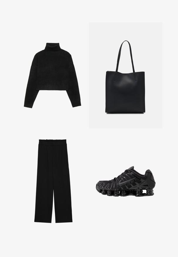 Sweater preto cropped com um gola alta canelada e punhos, apresentando uma textura suave e um corte descontraído. Design simples e minimalista.; Calças largas pretas com um cinto franzido, apresentando dois bolsos laterais e um tecido suave e leve. Sem padrões ou ferragens visíveis.; Sapato atlético preto com parte superior em malha e sobreposições brilhantes. Apresenta amortecimento em espiral curvado e linhas texturizadas na lateral. Logotipo da Nike visível.; Bolsa tote preta em couro com textura lisa, forma retangular e duas alças longas. Sem hardware ou enfeites visíveis.