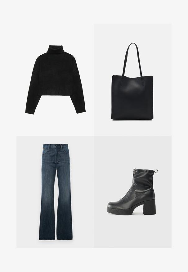 Melnās cropped džemperis ar ribotu augstu apkakli un aprocēm, ar gludu tekstūru un brīvu piegriezumu. Vienkāršs, minimālistisks dizains.; Tumši zilie džinsi ar platiem galiem, klasiskā piecu kabatu dizainā un maziem izbalējumiem. Pogas un rāvējslēdzēja aizdare jostasvieta, nostiprināti vīlējumi.; Melni potītes zābaki, kas izgatavoti no gludas ādas, ar sānu rāvējslēdzēju, masīvu strukturētu papēdi un noapaļotu purngalu.; Melnas ādas somiņa ar gludu tekstūru, taisnstūra formu un divām garām rokturiem. Nav redzamu aparatūras vai rotājumu.