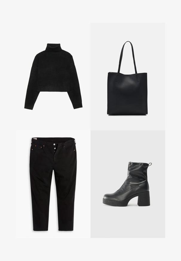 Pulover scurt negru cu guler înalt cu țesătură rib și manșete, având o textură netedă și o croială lejeră. Design simplu, minimalistic.; Pantaloni din denim negru cu un design drept. Au cinci buzunare, închideri cu nasturi metalici și accente de cusătură portocalie. Material din bumbac.; Bocanci negri de glezna din piele netedă, cu fermoar lateral, toc texturat și masiv, și design cu vârf rotund.; Geantă tote neagră din piele, cu textură netedă, formă rectangulară și două mânere lungi. Fără hardware vizibil sau ornamente.