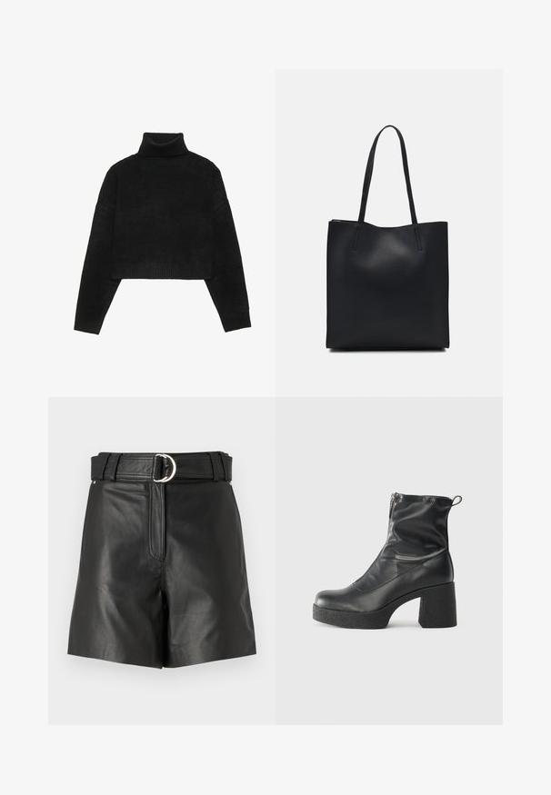 Black cropped sweater with a ribbed turtleneck and cuffs, featuring a smooth texture and relaxed fit. Simple, minimalistic design.; Black leather shorts with a wide belt featuring a silver circular buckle. Smooth texture with a tailored fit and front zipper detail.; Black ankle boots made of smooth leather, featuring a side zipper, chunky textured heel, and rounded toe design.; Black leather tote bag with smooth texture, rectangular shape, and two long handles. No visible hardware or embellishments.