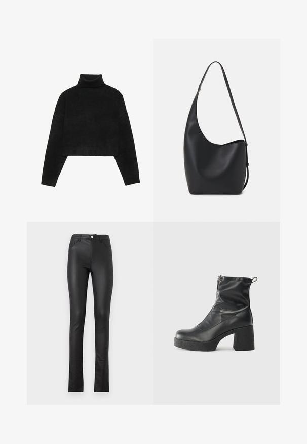Fekete, rövidített pulóver ribbelt nyakkal és mandzsettákkal, sima textúrával és laza szabással. Egyszerű, minimalista dizájn.; Fekete műbőr nadrág, slim fit fazonnal, elülső gombos záródással, két elülső zsebbel és enyhén fodros végű szegéssel.; Fekete bokacsizmák sima bőrből, oldalsó cipzárral, vastag, texturált sarkú és lekerekített orrú dizájnnal.; Fekete bőr hobo táska sima textúrával, ívelt formával és egyetlen állítható pánttal; széles nyílás található a tetején.