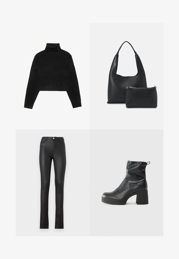 Svart kortärmad tröja med ribbade ståkrage och muddar, med en slät yta och avslappnad passform. Enkel, minimalistisk design.; Svarta faux läderbyxor med slim fit, featuring en framslutning med knapp, två framfickor och en något utsvängd fåll längst ner.; Svarta ankelstövlar i slitstark läder, med sidodragkedja, kraftig strukturerad klack och rundad tådesign.; Even&Odd Handväska - black
