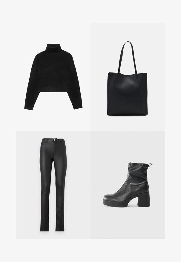 Fekete, rövidített pulóver ribbelt nyakkal és mandzsettákkal, sima textúrával és laza szabással. Egyszerű, minimalista dizájn.; Fekete műbőr nadrág, slim fit fazonnal, elülső gombos záródással, két elülső zsebbel és enyhén fodros végű szegéssel.; Fekete bokacsizmák sima bőrből, oldalsó cipzárral, vastag, texturált sarkú és lekerekített orrú dizájnnal.; Fekete bőrtáska sima felszínnel, téglalap alakú, két hosszú füllel. Nincs látható fémkiegészítő vagy díszítés.
