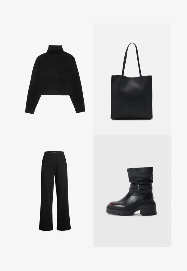 Svart cropped genser med ribbestrikket høy hals og mansjetter, med en jevn tekstur og avslappet passform. Enkel, minimalistisk design.; Sorte joggebukser med bred ben, laget av mykt stoff. Har elastisk midjebånd og minimale sømmer for komfort.; Svart lær ankelstøvel med en slapp overdel, spenne detaljer og tykk, robust såle. Har en rund tå og glatt tekstur.; Svart lær tote bag med glatt tekstur, rektangulær form og to lange håndtak. Ingen synlige deler eller dekorasjoner.