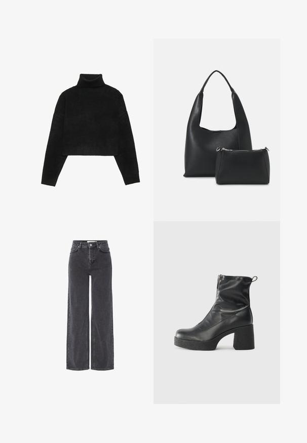 Juodas trumpas megztinis su raštuotu apykakle ir rankogaliais, pasižymintis lygiu paviršiumi ir laisvu siluetu. Paprastas, minimalistiškas dizainas.; Aukštai juosmens juodi džinsai su plačiomis kojomis, su mygtukų uždarymu, diržo kilpomis ir subtiliu blukimu audinio paviršiuje.; Juodos kulkšninių botai, pagaminti iš lygaus odos, su šoniniu užtrauktuku, masyviu tekstūruotu kulnu ir apvaliu pirštu.; Even&Odd Rankinė - black