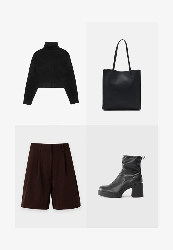 Black cropped sweater with a ribbed turtleneck and cuffs, featuring a smooth texture and relaxed fit. Simple, minimalistic design.; Brown shorts featuring a tailored design with pleats, made from a smooth fabric. Finished with a waistband and no visible pockets.; Black ankle boots made of smooth leather, featuring a side zipper, chunky textured heel, and rounded toe design.; Black leather tote bag with smooth texture, rectangular shape, and two long handles. No visible hardware or embellishments.