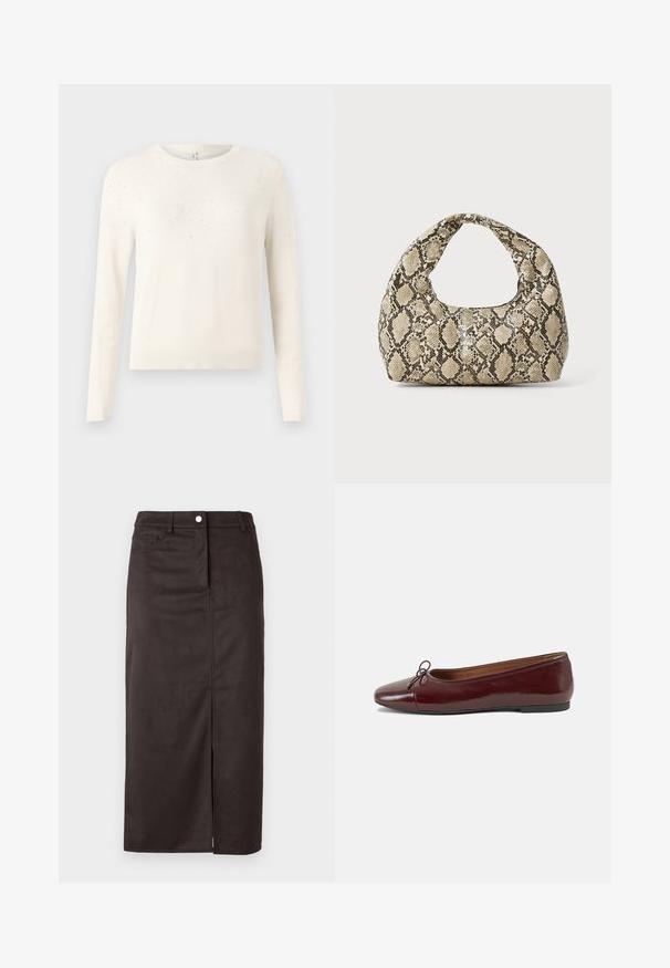 Krém színű kötött pulóver hosszú ujjal, kerek nyakkal és a vállakon lévő, kis fényvisszaverő betétekkel díszített texturált mintával.; Barna, térdmeghosszabbítású szoknya sima anyagból. Elöl hasíték, gombos zárás és oldalzsebek a praktikus használat érdekében.; Burgundi lakkbőr balettcipő kerek orral, elöl kis masni díszítéssel és alacsony, fekete gumi talppal. Simára csiszolt felület.; Kígyómintás kézitáska ívelt fogantyúval. Texturált, bézs és barna anyagból készült, jellegzetes gyémántmintával.