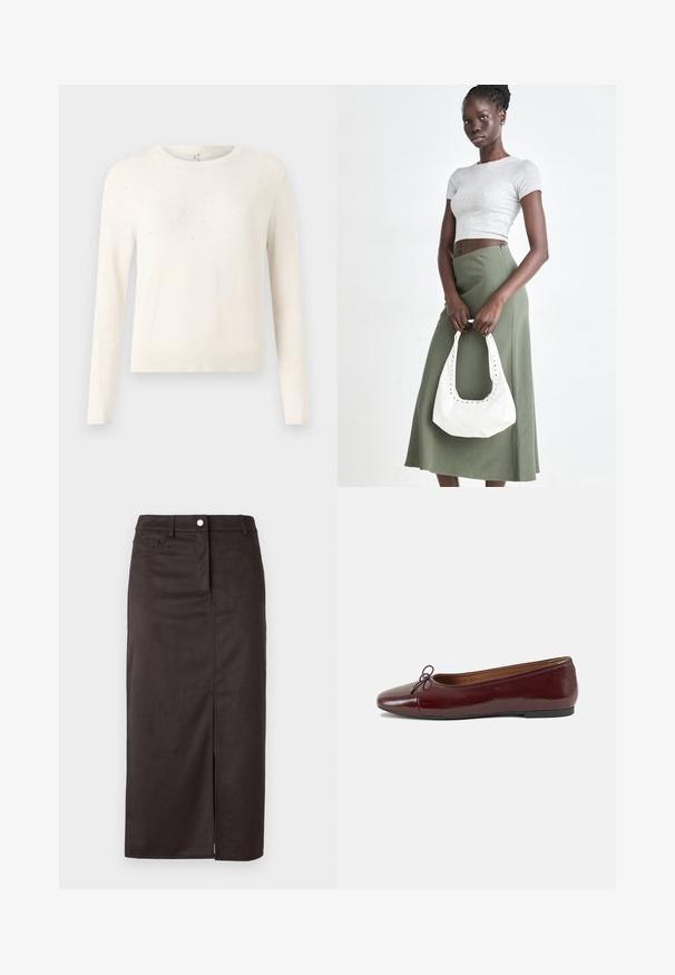 Kremfarget strikkegenser med lange ermer, rund hals og et strukturert mønster av små, lysreflekterende detaljer på skuldrene.; Brun, kneelengde skjørt laget av glatt stoff. Har en frontsplitt, knappelukking og sidelommer for ekstra funksjonalitet.; Burgunderrød lakk lær ballettleilighet med rund tå, liten sløyfe foran og en lav, svart gummisåle. Glatt tekstur.; Grå ribbet topp og olivengrønn høy midje skjørt. Modellen holder en hvit skulderveske med utskjæringsdetaljer. Enkelt design, tettsittende silhuett.