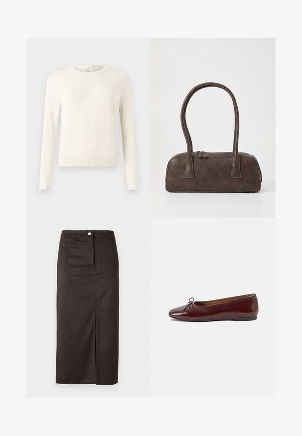 Κρεμ πλεκτό πουλόβερ με μακριά μανίκια, στρογγυλή λαιμόκοψη και υφή με μικρές, ανακλαστικές λεπτομέρειες στους ώμους.; Καφέ φούστα μέχρι το γόνατο, φτιαγμένη από απαλό ύφασμα. Διαθέτει μπροστινή σχισμή, κλείσιμο με κουμπί και πλαϊνές τσέπες για επιπλέον λειτουργικότητα.; Μπορντό παρθένα δερμάτινα μπαλαρίνες με στρογγυλή μύτη, μικρή διακόσμηση φιόγκου στο μπροστινό μέρος και χαμηλή, μαύρη καουτσούκ σόλα. Λείος υφής.; Καφέ δερμάτινη τσάντα χειρός με δύο ανθεκτικά χερούλια, ορθογώνιο σχήμα, λεία υφή και κλείσιμο με φερμουάρ. Μινιμαλιστικός σχεδιασμός χωρίς ορατά μοτίβα.