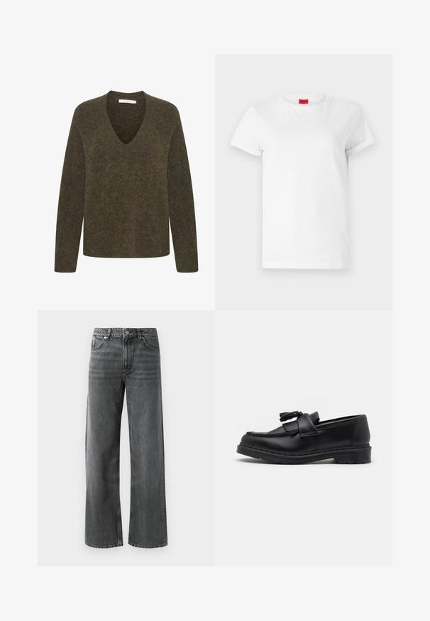 Oliwkowy sweter z długim rękawem w dekolcie w serek. Miękka, teksturowana tkanina o lekko luźnym kroju i minimalnych detalach szwów.; Biała koszulka z krótkim rękawem wykonana z lekkiej bawełny. Posiada okrągły dekolt i podwinięte rękawy. Czerwona metka z logo na kołnierzyku.; Szerokie czarne dżinsy o lekko wyblakłym wykończeniu, z pięcioma kieszeniami i zapięciem na guzik. Detale w kontrastowym szwie podkreślają design.; Czarne skórzane mokasyny z frędzlami, przeszyciem wzdłuż krawędzi oraz grubą gumową podeszwą zapewniającą trwałość.