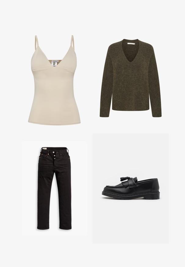 Tamsiai žalias, ilgarankovis megztinis su V formos iškirpte. Minkšta, tekstūruota medžiaga su šiek tiek laisvu siluetu ir minimaliais siūlų akcentais.; Šviesiai rudas tankinis su V forma iškirpte ir reguliuojamomis špagato petnešėlėmis. Pagamintas iš lygaus, tampraus audinio, su prigludusia siluetu.; Juodi tiesūs džinsai su sagčių uždarymu, priekiniais ir galiniais kišenėmis, bei vario priedais ant balto fono.; Juodas odinis loafers su kutais, siūlėmis apdaila aplink kraštą ir storu guminiu padu, užtikrinančiu ilgaamžiškumą.