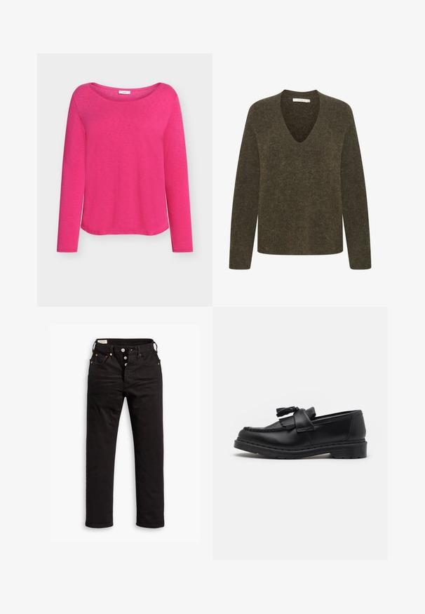 Vihreä oliivinvärinen, pitkähihaisuus neule, jonka V-pääntie on suunniteltu. Pehmeä, tekstuuri kudos, jossa on hieman rento istuvuus ja minimaaliset ompeluyksityiskohdat.; Pitkähihainen vaaleanpunainen paita, joka on valmistettu pehmeästä kankaasta. Siinä on leveä venekaulus ja rento istuvuus, sekä sileä, hieman teksturoitu pinta.; Mustat suorat farkut napituslennolla, etu- ja takataskuilla sekä kuparisilla niiteillä valkoista taustaa vasten.; Musta nahkainen loaferi, jossa on tupsuletku, brodeeratut yksityiskohdat reunan ympärillä ja paksu kumipohja kestävyyttä varten.