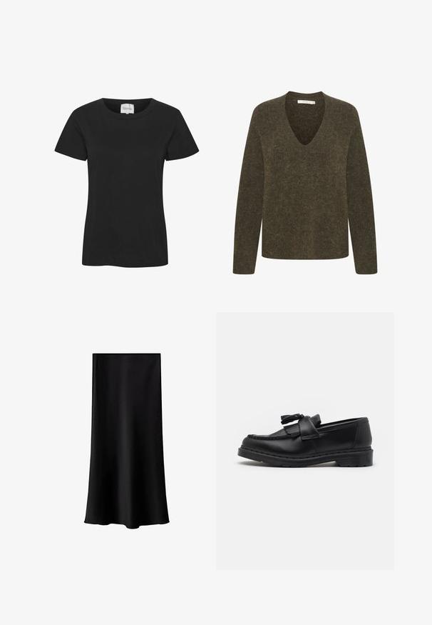 Olivengrøn, langærmet sweater med V-hals design. Blødt, struktureret stof med en let afslappet pasform og minimale syninger.; Sort bomulds T-shirt med rund halsudskæring, korte ærmer og lige kant. Stoffet har en glat tekstur uden synlige mønstre eller detaljer.; Sort midi-nederdel lavet af glat, letvægtsstof. Den har en lige skæring, ingen synlig hardware og et enkelt design uden mønstre.; Sort læderloafer med frynseaccent, syede detaljer langs kanten og en tyk gummisål for holdbarhed.