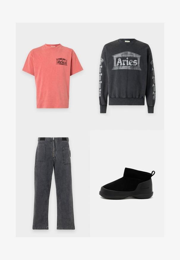 Grauer Pullover mit Rundhalsausschnitt, mit einem großen "Aries"-Grafik und architektonischem Design auf der Vorderseite; wiederholter Text an den Ärmeln.; Korallenfarbenes T-Shirt mit kurzen Ärmeln, Rundhalsausschnitt und einem schwarzen Grafikdruck mit der Aufschrift "Aries" auf der linken Brust. Weicher Baumwollstoff, lockere Passform.; Dunkelgraue Jeanshose mit geradem Schnitt, ausgestattet mit einem Reißverschluss vorne, elastischem Bund und zwei großen Taschen an den Seiten.; Schwarze Knöchelstiefel mit einem glatten Wildleder-Obermaterial und Gummisohle, die ein minimalistisches Design aufweisen und eine Zuglasche an der Rückseite für ein einfaches Anziehen haben.