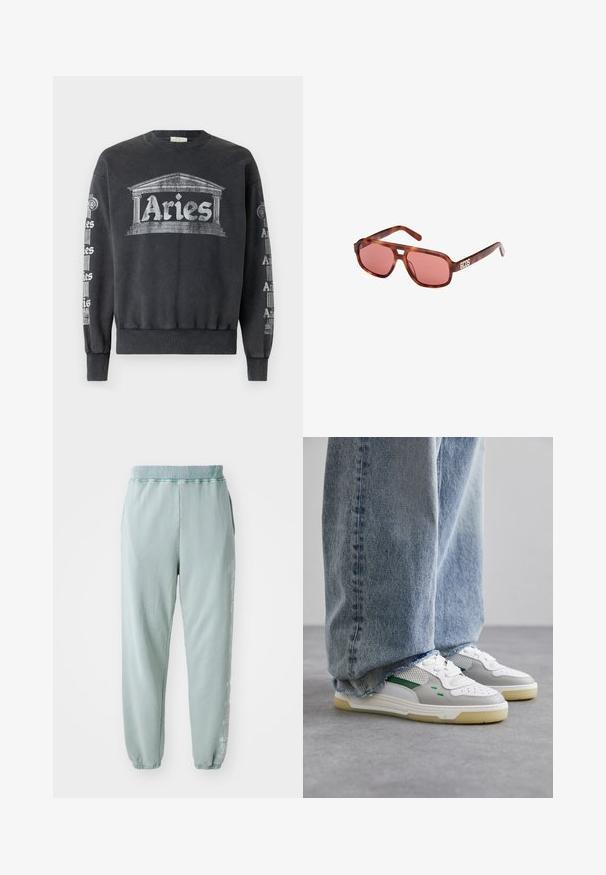 Gray sweatshirt with a crew neck, featuring a large "Aries" graphic and architectural design on the front; repeated text on the sleeves.; Light green sweatpants made of soft cotton, featuring an elastic waistband, side pockets, and subtle graphic detailing along one leg.; White and gray sneakers with green accents, featuring a mesh upper and rubber sole, paired with blue denim jeans with frayed hems.; Brown tortoiseshell sunglasses with pink lenses. Features an angular design and the brand logo "GCDS" in white on the arm.