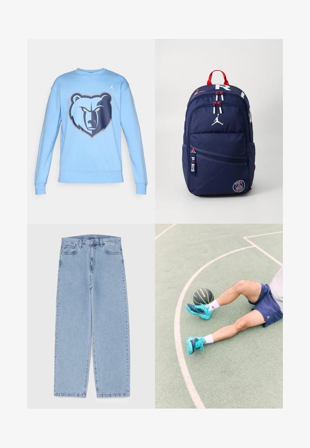 Felpa azzurra chiara con una grafica di un orso sul davanti. Realizzata in tessuto morbido, con polsini a costine e collo a giro.; Jeans in denim azzurro chiaro con design a gamba dritta, caratterizzati da una vita media, cinque tasche e chiusura con bottone e zip.; Scarpe da ginnastica turchesi con accenti neri e blu, pantaloni corti e calze bianche, sedute su un campo verde con un pallone da basket nero nelle vicinanze.; Zaino navy con accenti rossi, numerosi scomparti con zip, toppe con logo e spallacci regolabili. Realizzato in tessuto resistente.; Borsa a tracolla grigia in nylon con tasca frontale con zip, cinturino nero regolabile e accento del logo nero sulla parte anteriore. Design compatto e leggero.