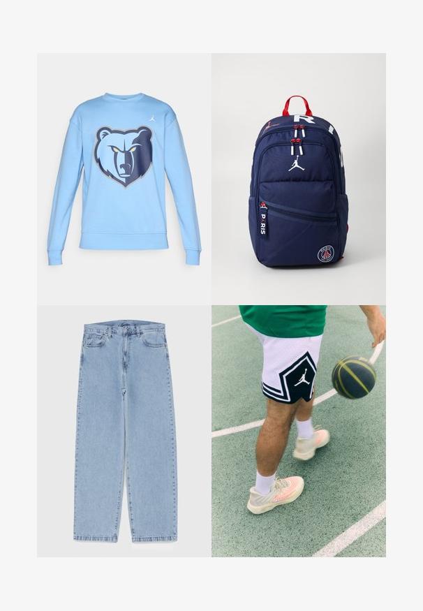 Jasnoniebieska bluza z grafiką misia z przodu. Wykonana z miękkiego materiału, z ściągaczami przy rękawach i klasycznym okrągłym dekoltem.; Jasnoniebieskie dżinsy o prostym kroju nogawki, z średnim stanem, pięcioma kieszeniami oraz zapięciem na guzik i zamek błyskawiczny.; Czarno-białe szorty do koszykówki z diamentowym wzorem i logo. Jasne sneakersy z wirującym wzorem i akcentującymi liniami. Piłka koszykowa w ruchu.; Granatowy plecak z czerwonymi akcentami, wieloma zamykanymi na zamek kieszeniami, naszywkami z logo i regulowanymi paskami. Wykonany z trwałej tkaniny.; Szara nylonowa torba na ramię z zasuwaną przednią kieszenią, regulowanym czarnym paskiem oraz czarnym logo na przedzie. Kompaktowy i lekki design.