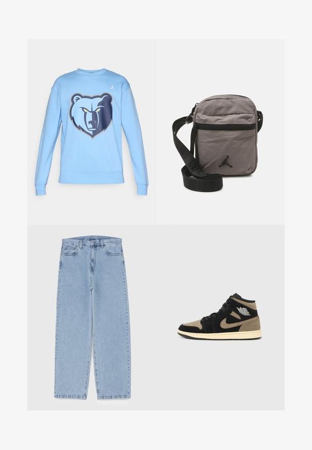 Lys blå hettegenser med en bjørnegrafikk på forsiden. Laget av mykt stoff, med ribbestrikkede mansjetter og rund hals.; Lyseblå denimjeans med rett ben-design, med mid-rise liv, fem lommer og knap og lynlås lukning.; Høye sneakers med svart og tan semsket skinn, perforert tå, beige mellomsåle, svarte lisser og en sølvfarget logo på siden.; Grå nylon crossover bag med glidelåslomme foran, justerbar svart stropp og svart logo aksent foran. Kompakt og lett design.; Marineblå ryggsekk med røde detaljer, flere glidelåslommer, logo-patcher og justerbare stropper. Laget av slitesterkt stoff.