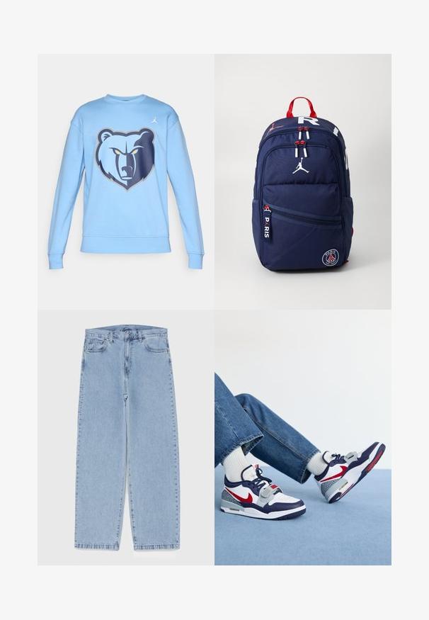 Valkoinen sininen collegepaita, jossa on karhugrafiikka edessä. Valmistettu pehmeästä kankaasta, jossa on ribbaantuneet hihansuut ja pyöreä pääntie.; Vaaleansiniset farkut suoran lahkeen muotoilulla, joissa on puolivälin vyötärö, viisi taskua sekä nappi- ja vetoketjusuljenta.; Nike-tennarit, joissa on valkoinen ja tummansininen päällinen, punaisia yksityiskohtia, harmaita kuvioituja osia ja paksu valkoinen pohja, yhdistettynä sinisiin farkkuihin ja valkoisiin sukkiin.; Laivastonsininen reppu, jossa on punaisia korosteita, useita vetoketjullisia osastoja, logo-patchit ja säädettävät hihnat. Valmistettu kestävästä kankaasta.