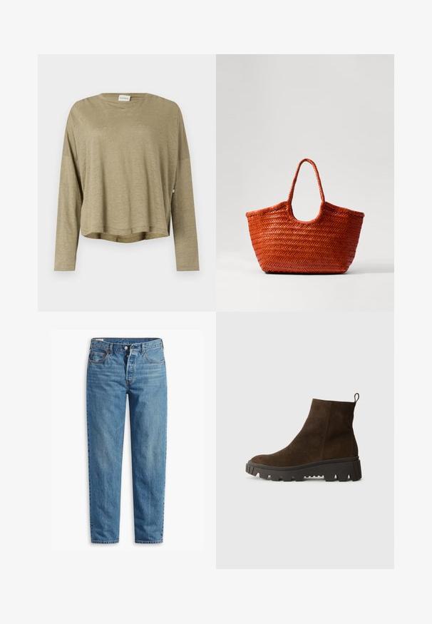 Alyvuogių žalia, trumpa megzta palaidinė, pagaminta iš minkštos, pūkuotos medžiagos, su ilgomis rankovėmis ir apvaliu iškirpimu. Nėra matomų raštų ar metalinių detalių.; Alyvos žalia ilgarankovė marškinėliai su laisvu siluetu, apvaliu iškirpimu ir minkšta, lengva medžiaga, turinčia šonines įpjovas ant apatinės dalies.; Mėlyni džinsai su tiesia kirpimo forma, su užtrauktuku, dviem priekinių kišenių ir subtiliu blukimu visame audinyje.; Rudos zomšiniai auliniai batai su masyvi juoda guminėmis padais, turintys šiek tiek pakylą ir kilpą gale, kad būtų lengva užsidėti.; DRAGON DIFFUSION NANTUCKET BASKET BIG - Rankinė - naranja