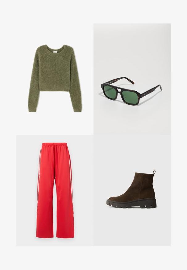 Oliivivärvi, lyhyt neulep user, joka on valmistettu pehmeästä, pörröisestä materiaalista, jossa on pitkät hihat ja pyöreä pääntie. Ei näkyviä kuvioita tai varusteita.; Punat urheiluhousut, joissa on leveä lahje, joustava vyötärö ja nyöri. Sisältää valkoiset sivusuunnat ja sileää, kevyttä materiaalia.; Ruskoharmaa nahkasaapas nilkkoihin, jossa on paksu musta kumipohja, hieno korko ja vetotappi takana helppoa pukemista varten.; Kilpikonnakuosiset neliönmuotoiset aurinkolasit vihreillä linsseillä, joissa on paksu runko ja hienovarainen teksturoitu yksityiskohta varsien varrella.