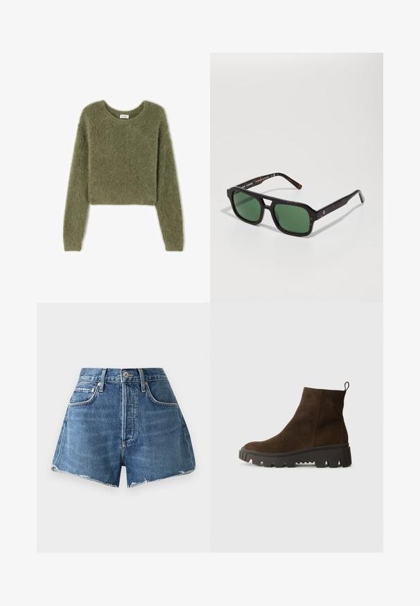 Olivově zelený, zkrácený svetr vyrobený z měkkého, načechraného materiálu s dlouhými rukávy a kulatým výstřihem. Žádné viditelné vzory ani kovové detaily.; Džínové šortky světle modré barvy s vysokým pasem, třepeným lemem, bočními kapsami a viditelnými švy. Mají klasické zapínání na knoflík a zip.; Hnědé semišové kotníkové boty s masivní černou gumovou podrážkou, s mírným podpatkem a s poutkem na zadní straně pro snadné obouvání.; Kocouří brýle ve čtvercovém tvaru s zelenými skly, které mají silný rám a jemné texturované detaily na stranách.; DRAGON DIFFUSION NANTUCKET BASKET BIG - Kabelka - naranja