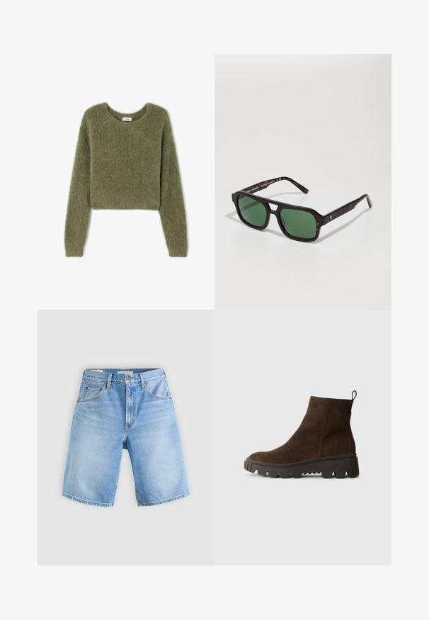 Olivově zelený, zkrácený svetr vyrobený z měkkého, načechraného materiálu s dlouhými rukávy a kulatým výstřihem. Žádné viditelné vzory ani kovové detaily.; Světle modré džíny šortky s uvolněným střihem, s knoflíkovým zapínáním, poutky na opasek a pěti kapsami. Hladký povrch s vybledlými částmi.; Hnědé semišové kotníkové boty s masivní černou gumovou podrážkou, s mírným podpatkem a s poutkem na zadní straně pro snadné obouvání.; Kocouří brýle ve čtvercovém tvaru s zelenými skly, které mají silný rám a jemné texturované detaily na stranách.; DRAGON DIFFUSION NANTUCKET BASKET BIG - Kabelka - naranja