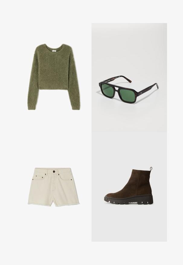 Olive zaļš, īss svārkis, izgatavots no mīksta, pūkaina materiāla, ar garām piedurknēm un apaļu kakla izgriezumu. Nav redzamu rakstu vai aparatūras detaļu.; Denima šorti off-white krāsā ar nodilušu malu, piecām kabatām un metāla furnitūru. Piedāvā klasisku jostu un brīvā stila piegriezumu.; Brūna zamšādas potīšu zābaks ar masīvu melnu gumijas zoli, ar vieglu papēdi un cilpu aizmugurē, kas nodrošina vieglu uzvilkšanu.; Bruņu čūskai līdzīgie kvadrātveida saulesbrilles ar zaļiem stikliem, ar biezu rāmi un vieglu faktūru detaļām gar apakšdelmiem.; DRAGON DIFFUSION NANTUCKET BASKET BIG - Rokassoma - naranja