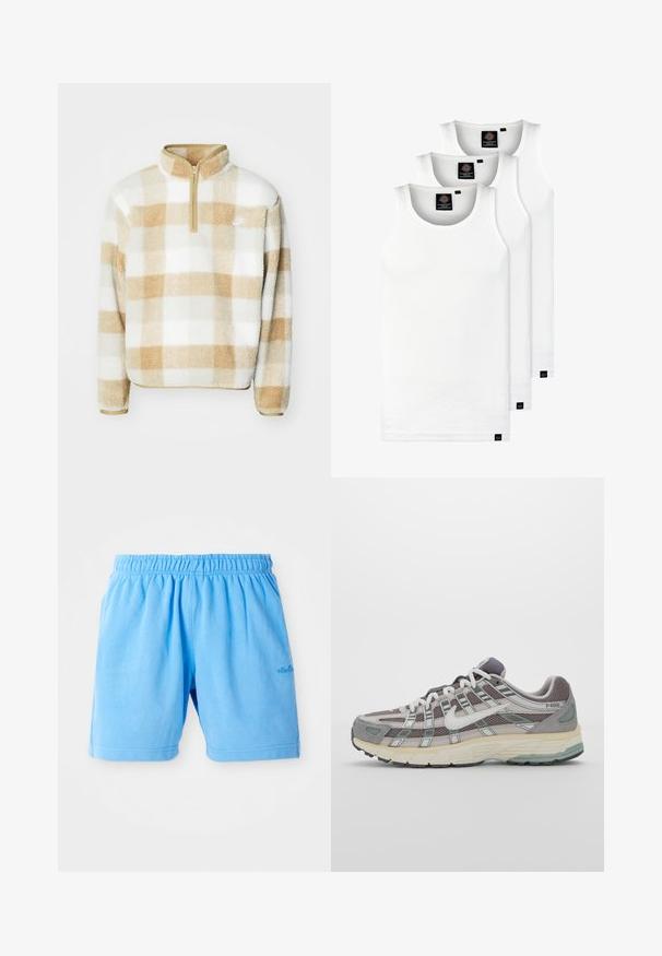 Pūkų megztinis su puse užtrauktuku, pasižymintis smėlio ir balto patikrovo raštu bei maža logotipo etikete ant krūtinės. Minkšta tekstūra ir laisvas siluetas.; Trys balti, dryžuoti marškiniai be rankovių, pagaminti iš medvilnės. Yra apvalus kaklas ir maži juodi etiketės netoli siūlės. Siūlomi įvairių dydžių.; Šviesiai mėlyni medvilniniai šortai su elastingu juosmeniu, sukurti laisvam prigludimui. Yra dvigubai siuvinėtos kraštinės ir mažas logotipo akcentas.; Pilkas sportinis batas su tinklu ir zomšos viršutine dalimi, baltomis detalėmis, paminkštintu padu ir išskirtiniu dizainu su atspindinčiais elementais.