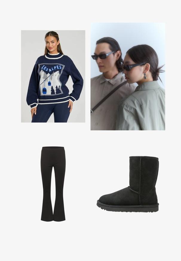Granatowy sweter dzianinowy z grafiką gór, kolejką linową oraz napisem "LES ALPES" na niebieskim tle, z białymi wykończeniami na kołnierzu i mankietach.; Czarne spódnie w kształcie dzwonów z dopasowanym stanem i gładkim materiałem, pokazane w pozycji pionowej na białym tle.; Czarny zamszowy botek sięgający kostki z okrągłym noskiem, przeszytymi szwami i płaską gumową podeszwą. Posiada prosty design bez ozdób.; Czarne prostokątne okulary przeciwsłoneczne o błyszczącym wykończeniu, z logo Ray-Ban na zauszniku, noszone przez dwie osoby w stonowanych strojach.
