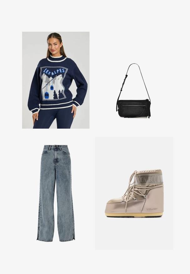 Marineblauwe gebreide trui met een grafisch ontwerp van bergen, kabelbanen en "LES ALPES" in het blauw, met witte afwerking bij de kraag en mouwen.; Lichtblauwe denim jeans met wijde pijpen en een vervaagde wassing, voorzien van voorkanten, een knoopsluiting en zijsplitdetails aan de zoom.; Beige Moon Boot met glanzend bovenmateriaal, elastische vetersluiting en een gevoerde manchet. De rubberen zool heeft een getextureerd patroon voor grip.; Zwarte leren handtas met een enkele verstelbare schouderband, rechthoekige vorm, voorvak met rits en een subtiele textuurafwerking.