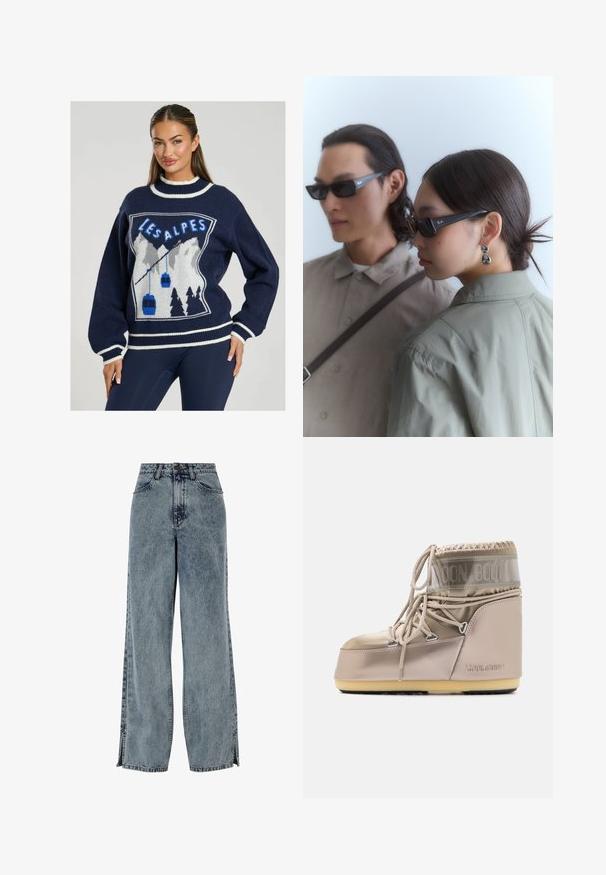 Jersey de punto azul marino con un gráfico de montañas, teleféricos y "LES ALPES" en azul, con ribetes blancos en el cuello y los puños.; Vaqueros de mezclilla de corte amplio en un azul claro con un lavado desvanecido, que cuentan con bolsillos frontales, un cierre de botón y detalles de abertura en los lados del dobladillo.; Botas Moon en color beige con material superior brillante, cordones elásticos y un puño acolchado. La suela de goma presenta un patrón texturizado para un mejor agarre.; Gafas de sol negras rectangulares con un acabado brillante, con el logo de Ray-Ban en las patillas, llevadas por dos personas con atuendos en tonos apagados.