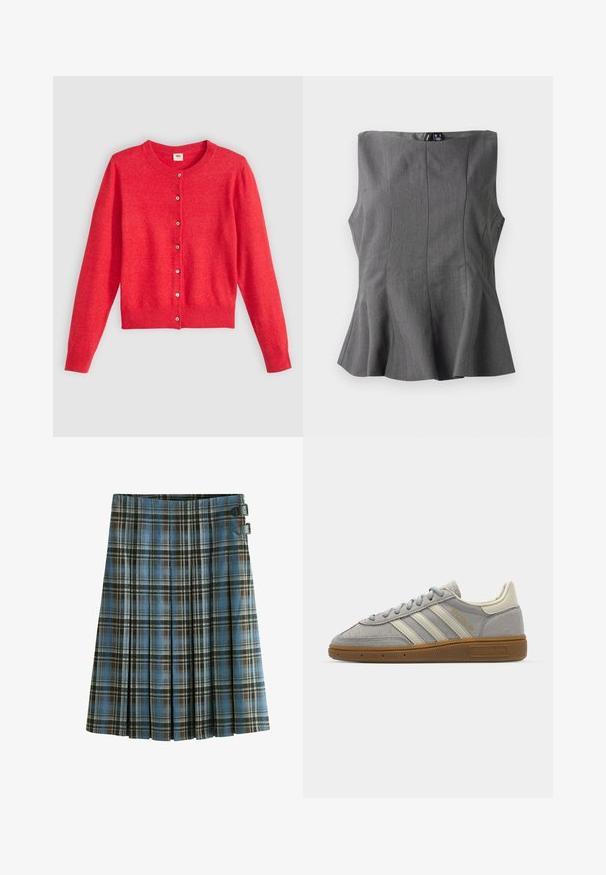 Rød cardigan lavet af blødt stof med rund halsudskæring, lange ærmer og knaplukning foran. Har matchende knapper.; Grå peplum-top med et struktureret, ærmeløst design. Fremstillet af glat stof, med lodrette sømme og en lige halsudskæring.; Rutet nederdel i blå, brun og sort nuancer. Har plisseringer og to sorte spændeaccentuer ved taljen. Fremstillet af vævet stof.; Grå suedet sko med lysegrå læderstriber og en gummigummisole. Funktioner inkluderer snørebåndslukning og subtil branding på tungen.