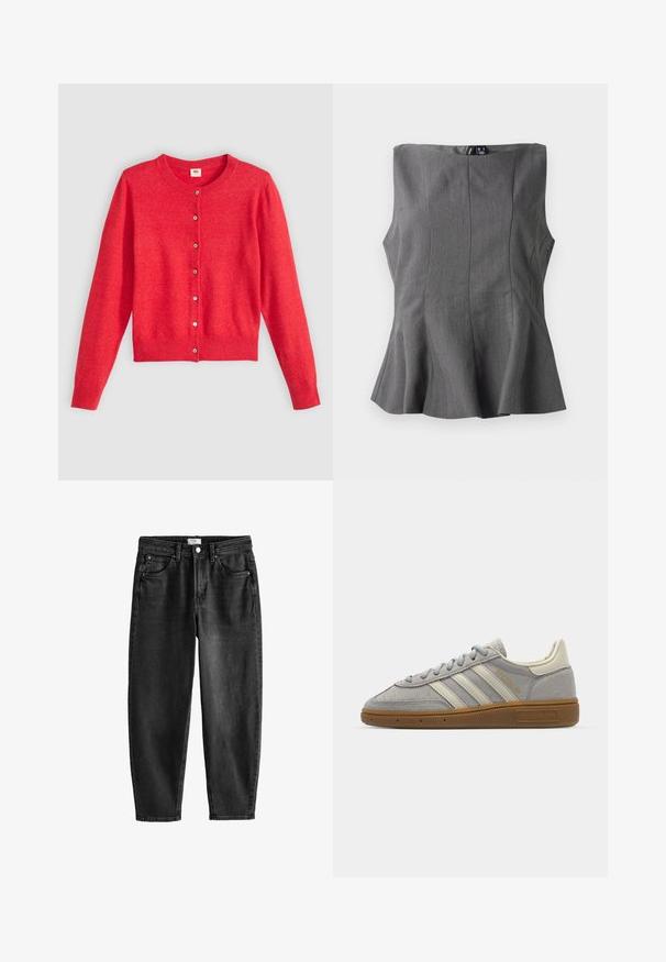 Crvena cardigan od mekane tkanine s okruglim izrezom, dugim rukavima i kopčanjem sprijeda. Ima usklađene gumbe.; Siva peplum gornji dio s čvrstim dizajnom bez rukava. Izrađen od glatkog materijala, s vertikalnim šavovima i ravnim dekolteom.; Crne traperice od denima s ravnim krojem, pet džepova i kopčanjem na dugme. Imaju lagano izblijeđivanje i detalje šivanja. Opušteni dizajn.; Sive suede tenisice s svijetlosivim kožnim prugama i gumiranim potplatom. Značajke uključuju vezanje na vezice i suptilno brendiranje na jeziku.