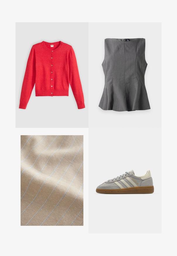Rote Strickjacke aus weichem Stoff mit Rundhalsausschnitt, langen Ärmeln und durchgehender Knopfleiste. Verfügt über passende Knöpfe.; Graues Peplum-Top mit strukturiertem, ärmellosem Design. Hergestellt aus glattem Stoff, mit senkrechten Nähten und geradem Halsausschnitt.; Hellbeige Stoff mit strukturiertem Gewebe, der dünne blaue Streifen vertikal aufweist. Weiche Textur und leicht zerknittertes Erscheinungsbild.; Graue Wildledersneaker mit hellgrauen Lederstreifen und einer Sohle aus Gummi. Zu den Merkmalen gehören eine Schnürung und dezente Markenkennzeichnung auf der Zunge.