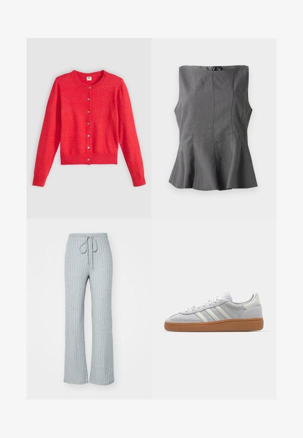 Sarkans kardigans, kas izgatavots no mīksta auduma, ar apaļu kakla izgriezumu, garām piedurknēm un pogājamām priekšējām daļām. Iekļauj atbilstošas pogas.; Pelēks peplum tops ar strukturētu, bez piedurknēm dizainu. Izgatavots no gludas auduma, ar vertikālām šuvēm un taisnu dekoltē.; Gai pelēki riboti sporta bikses ar aukliņu viduklī, plati gali un mīksta tekstūra. Dizainā ir vertikālas svītras visā bikses virsmā.; Gai pelēki zamšīgās kedas ar baltām ādas detaļām, trim baltām līnijām un brūnu gumijas zoli, ar mīkstinātu apkakli komforta nodrošināšanai.
