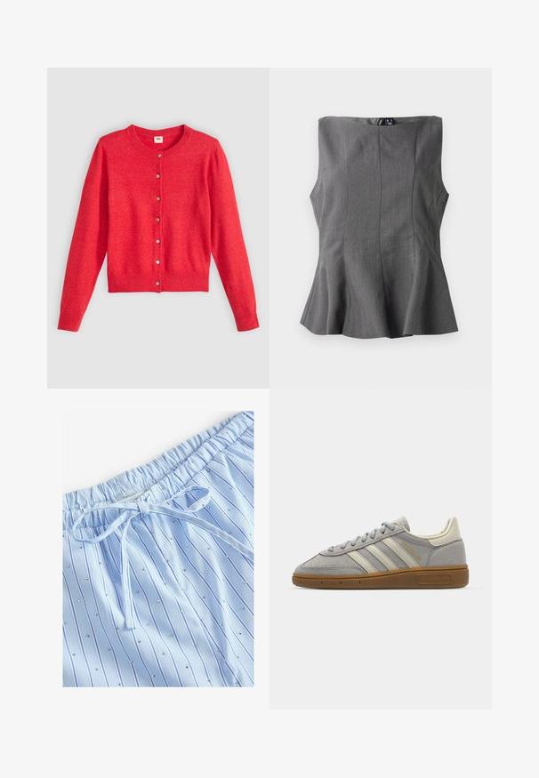 Rote Strickjacke aus weichem Stoff mit Rundhalsausschnitt, langen Ärmeln und durchgehender Knopfleiste. Verfügt über passende Knöpfe.; Graues Peplum-Top mit strukturiertem, ärmellosem Design. Hergestellt aus glattem Stoff, mit senkrechten Nähten und geradem Halsausschnitt.; Helle blaue Schlafshorts mit vertikalen Streifen und kleinen reflektierenden Nieten. Elastischer Bund mit einer Kordel zur Anpassung.; Graue Wildledersneaker mit hellgrauen Lederstreifen und einer Sohle aus Gummi. Zu den Merkmalen gehören eine Schnürung und dezente Markenkennzeichnung auf der Zunge.