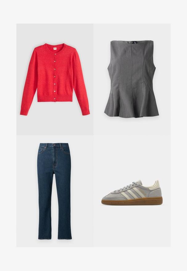 Cardigan rosso realizzato in tessuto morbido con scollatura rotonda, maniche lunghe e chiusura frontale con bottoni. Presenta bottoni abbinati.; Top peplum grigio con design strutturato e senza maniche. Realizzato in tessuto morbido, presenta cuciture verticali e scollatura dritta.; Jeans in denim blu scuro con taglio dritto, dotati di chiusura con bottone, cinque tasche e cuciture a contrasto. Texture liscia.; Sneakers in suede grigio con strisce in pelle grigia chiara e suola in gomma color gomma. Le caratteristiche includono chiusura con lacci e branding sottile sulla linguetta.