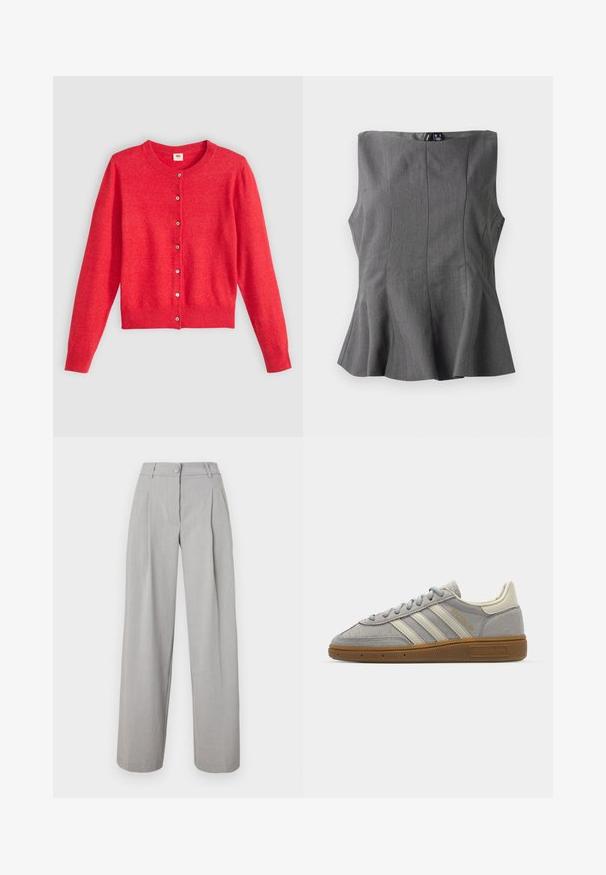 Red cardigan made of soft fabric with a round neckline, long sleeves, and a button-down front. Features matching buttons.; Gray peplum top with a structured, sleeveless design. Made of smooth fabric, featuring vertical seams and a straight neckline.; Light grey wide-leg trousers with pleats, a buttoned waistband, and a smooth fabric texture. Straight-cut legs taper slightly at the hem.; Gray suede sneakers with light gray leather stripes and a gum rubber sole. Features include lace closure and subtle branding on the tongue.