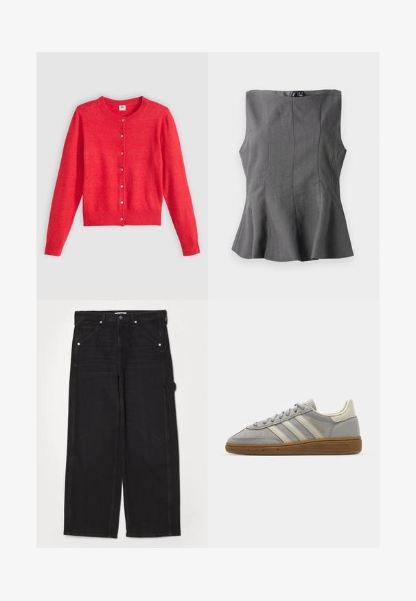 Sarkans kardigans, kas izgatavots no mīksta auduma, ar apaļu kakla izgriezumu, garām piedurknēm un pogājamām priekšējām daļām. Iekļauj atbilstošas pogas.; Pelēks peplum tops ar strukturētu, bez piedurknēm dizainu. Izgatavots no gludas auduma, ar vertikālām šuvēm un taisnu dekoltē.; RE/DONE PAINTER JEAN - Brīva piegriezuma džinsi - crafted black; Pelēki zamšādē sneakers ar gaiši pelēkiem ādas svītrainēm un gumijas zoli. Iespējas ietver šņorēšanu un smalku zīmolu uz mēles.