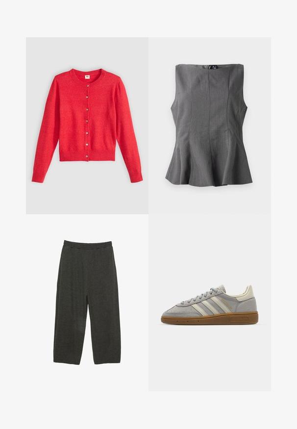 Cardigan roșu dintr-un material moale, cu guler rotund, mâneci lungi și un închidere cu nasturi în față. Are nasturi asortați.; Top peplum gri cu un design structurat și fără mâneci. Fabricat dintr-un material neted, având cusături verticale și un gât drept.; Pantaloni gri închis, lejere, confecționați dintr-un material moale. Au o talie elastică și un design relaxat, cu picioare drepte.; Adidași din suede gri, cu dungi din piele gri deschis și talpă din cauciuc de tip gumă. Include închidere cu șireturi și un branding discret pe limbă.