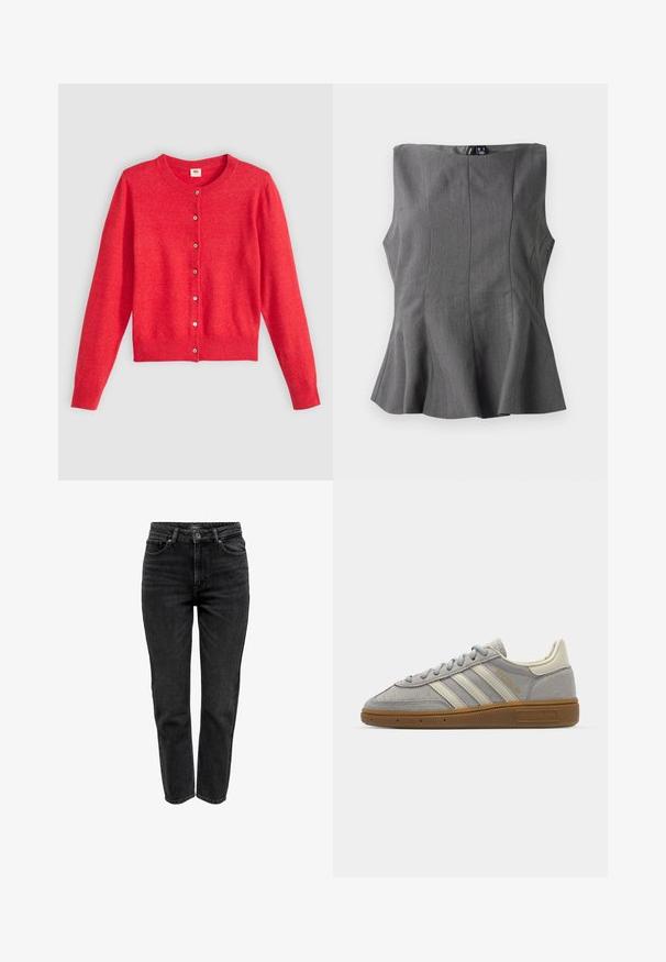 Crvena cardigan od mekane tkanine s okruglim izrezom, dugim rukavima i kopčanjem sprijeda. Ima usklađene gumbe.; Siva peplum gornji dio s čvrstim dizajnom bez rukava. Izrađen od glatkog materijala, s vertikalnim šavovima i ravnim dekolteom.; ONLY Traperice ravnih nogavica - black denim; Sive suede tenisice s svijetlosivim kožnim prugama i gumiranim potplatom. Značajke uključuju vezanje na vezice i suptilno brendiranje na jeziku.