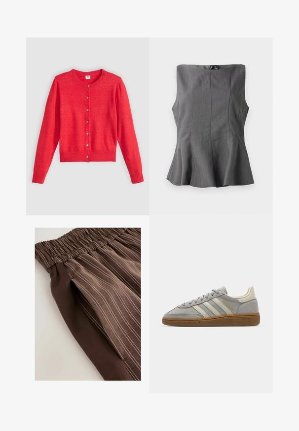 Rode cardigan van zacht materiaal met een ronde hals, lange mouwen en een knoopsluiting aan de voorkant. Voorzien van bijpassende knopen.; Grijze peplum top met een gestructureerd, mouwloos ontwerp. Gemaakt van een gladde stof, met verticale naden en een rechte halslijn.; Bruine geplooide rok met een elastische tailleband, voorzien van verticale strepen in lichtere tinten. Soepele textuur, de stof valt zachtjes.; Grijze suède sneakers met lichtgrijze leren strepen en een gomrubberen zool. Kenmerken zijn een vetersluiting en subtiele branding op de tong.