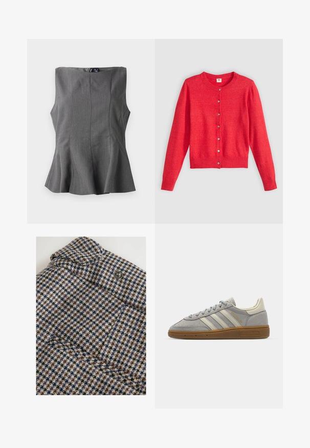 Cardigan roșu dintr-un material moale, cu guler rotund, mâneci lungi și un închidere cu nasturi în față. Are nasturi asortați.; Top peplum gri cu un design structurat și fără mâneci. Fabricat dintr-un material neted, având cusături verticale și un gât drept.; Next REGULAR FIT - CHECK BARREL TAILORED - Pantaloni - brown; Adidași din suede gri, cu dungi din piele gri deschis și talpă din cauciuc de tip gumă. Include închidere cu șireturi și un branding discret pe limbă.